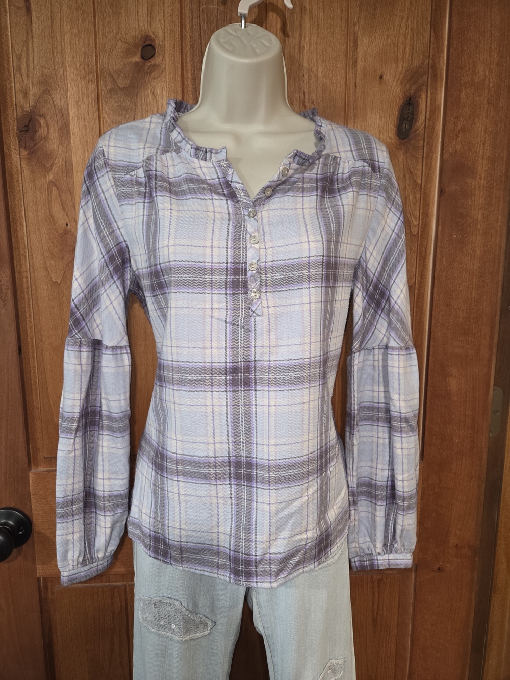 Plaid Button-Front Flannel Top in Lavender and White